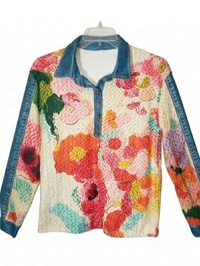 Fashion womens sm floral quilted  with denim contrast collar/long sleeves. New